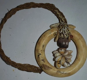PAPUA NEW GUINEA AMULET NECKLACE, TEETH, SHELLS, 5" SHELL MONEY RING, 16", 1900S - Picture 1 of 3