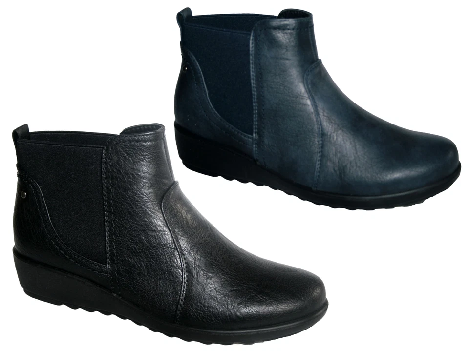 Women's Cushion Walk Ankle Boot 3-8 Black/Navy-Comfy Faux Leather Slip On Wedge