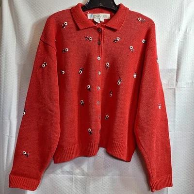 Vtg CHAUS Floral 3D Applique Cardigan Sz L Red Whimsical Artistic Cottagecore - Image 1 of 4