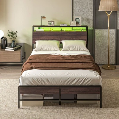 Full Bed Frame with Headboard, LED Lights, Charging Station, Walnut - Image 1 of 4