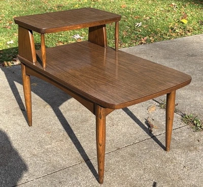 Vintage Mid Century Quartersawn Oak & Formica Top Step End Table Plant Stand - Image 1 of 4