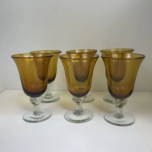 Set of 6 Amber Color Water Drinking Glass With Clear Stems 7 by 4 inch Vintage - Picture 1 of 7