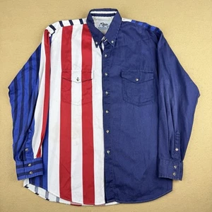 Vintage Roper Rodeo Blue Button Down Shirt Mens LARGE Western Flag USA Cowboy - Picture 1 of 16