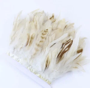 2 Metres Natural Beige Cream Variegated Rooster Feather Fringe Ribbon Trim DIY - Picture 1 of 7