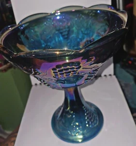 1960's INDIANA CARNIVAL GLASS IRRIDESCENT BLUE HARVEST GRAPES CANDY DISH - Picture 1 of 5