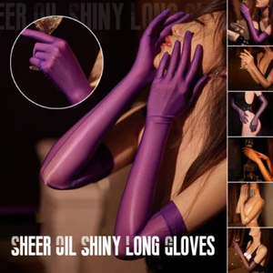 Women Ultra-thin Sheer Oil Shiny Glossy Long Gloves Tight Stocking Finger Glove - Picture 1 of 19
