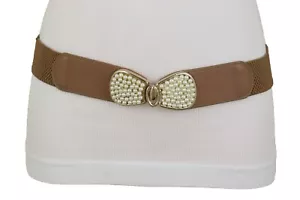Women Brown Elastic Casual Dressy Belt Waist Hip Pearl Bead Bow Buckle Size S M - Picture 1 of 12