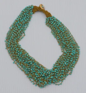 VINTAGE HAND MADE MULTI-STRAND BLUE BEADED NECKLACE, SHELL CLASP, COPPER THREAD - Picture 1 of 4