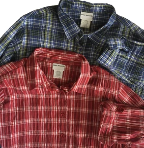 2 BONWORTH SHIRT WOMENS XL RED BLUE PLAID BUTTON UP TAB SLEEVE COTTON BLEND LOT - Picture 1 of 16
