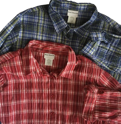 2PC BONWORTH PLAID BUTTON UP SHIRT WOMENS XL RED BLUE TAB SLEEVE COTTON BLEND - Image 1 of 4
