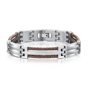 Titanium Silver Rope Bangle Bracelet Men's Fashion Brown Rope Linked Bracelet - Picture 1 of 1