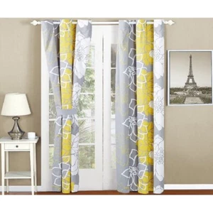 Set 2 Yellow Gray Grey Large Floral Curtains Panels Drapes Pair 84 in L Grommet - Picture 1 of 2