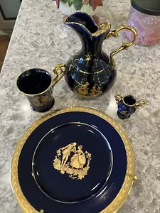 LIMOGES CASTEL Porcelain Courting Couple Cobalt Blue Gold Pitcher French Plate - Picture 1 of 18