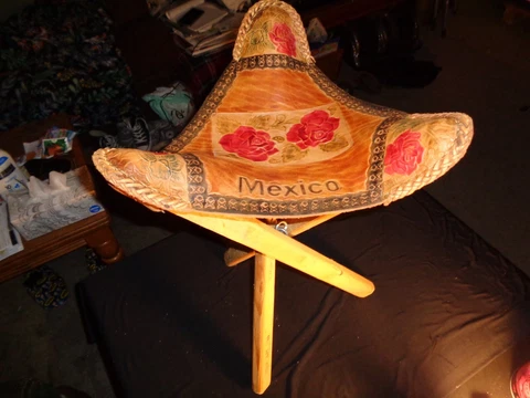 Vintage Triangle Tripod Saddle Seat Stool Leather Mexico Roses Cover