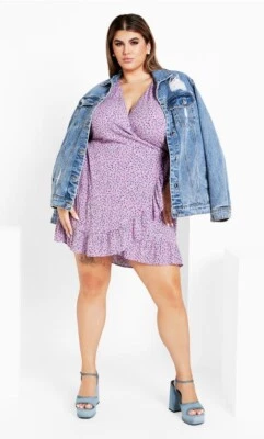 City Chic Plus Size 22 Light Purple Ditsy Floral Puff Sleeve Mini Wrap Dress - Image 1 of 4