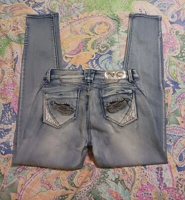 Pantalones de mezclilla VO Virgin Only para mujer talla 30 calce sexy tiro bajo ajustados adornados lavado claro Foto 1 de 4