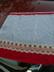 Vtg Kitchen Curtains Farmhouse cafe cottage handmade 2 panels Red dots lace  