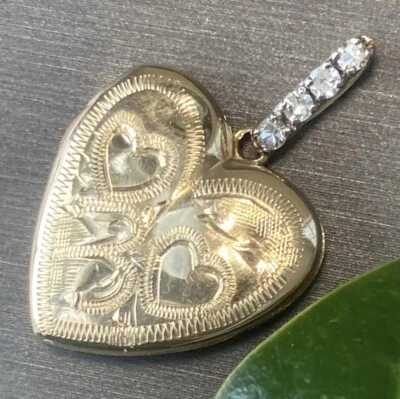 Antique Victorian Diamond 14K Yellow Gold 2-Photo Locket Pendant Chased Hearts - Image 1 of 4