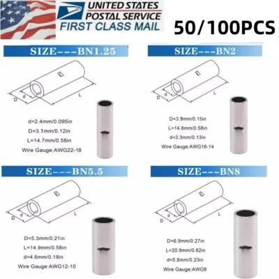 50/100PCS Copper Wire Splice Butt Connectors Ferrule Crimp Terminals BN1.25-BN8 - Image 1 of 4