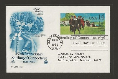 1986 US 14c Settling Of Connecticut 350th Anniversary 1636 FDC Scott #UX109 - Image 1 of 2