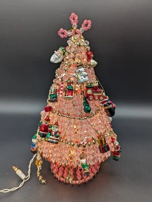 12" PINK, CLEAR BEAD & SAFETY PIN CHRISTMAS TREE WITH MINI ORNAMENTS AND LIGHTS - Image 1 of 4