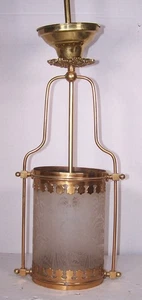 Antique Hall Light Brass and Beautiful Acid Etched Glass - Picture 1 of 11