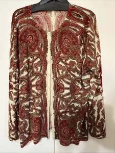 Talbots Plus 2X Pure Merino Wool Cardigan Fine Gauge Sweater Ivory Tan Paisley - Picture 1 of 6