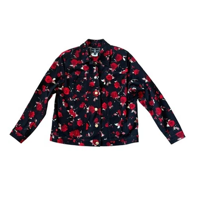 Chaqueta vaquera St. John Sport rosa negra y roja floral algodón elástico pequeña Foto 1 de 4