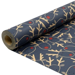 Christmas Wrapping Paper Roll 15M – Blue Kraft Gift Wrap with Elk Design - Picture 1 of 5