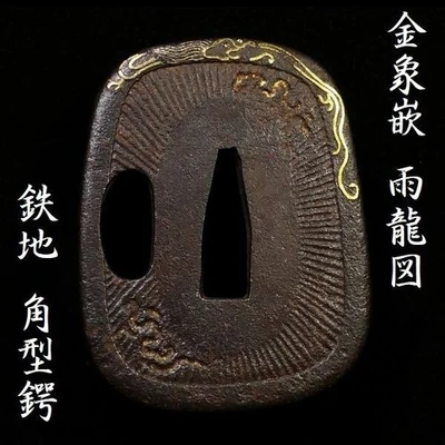 Antiguo dragón de lluvia japonés cuadrado de hierro Tsuba espada guardia katana samurai Foto 1 de 4