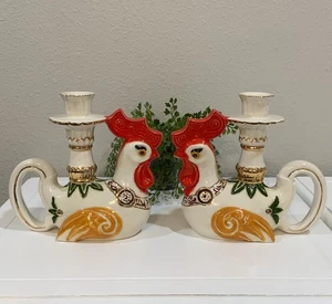 Vtg Rooster Chicken Colorful Vibrant Glazed Ceramic Candlestick Candle Holders - Picture 1 of 15