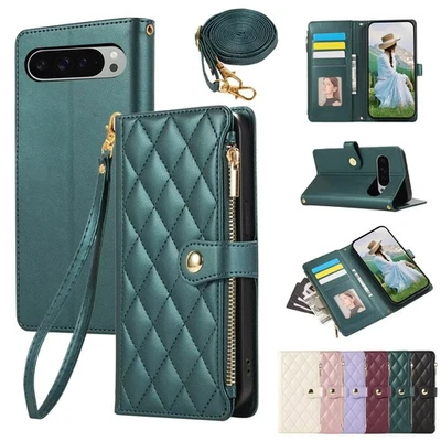 Zipper Grid Leather Wallet Phone Case For Google Pixel 6 7 8 9 10 Pro 7A 8A 6A - Image 1 of 4