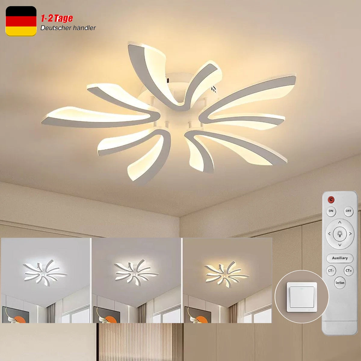 RRBEST LED Blumen Deckenleuchte 55 Cm, Dimmbar, Mit Fernbedienung – Für Wohnzimmer, Schlafzimmer, Küche