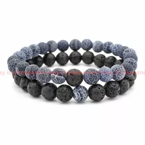 Natural 8MM Black Weather Agate Lava Stone Couple Round Bead Bracelet Men Woman - Picture 1 of 12