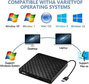 External CD DVD Drive, USB 3.0 Slim Portable CD Reader CD/DVD-RW Burner Low Nois - Picture 1 of 7