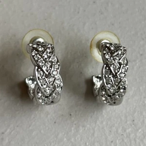 Half Hoop Earrings, Pierced, Silver with Diamond Rhinestones, Braided, Women’s - Picture 1 of 5