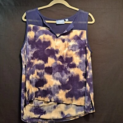 Top Simply Vera para mujer L azul tostado blanco sin mangas cuello en V dobladillo alto bajo Foto 1 de 4