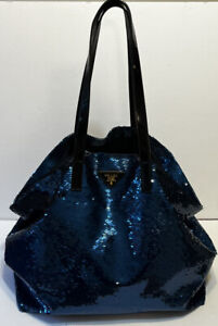 Prada Blue Sequin Patent Strap Open Tote Tessuto Lined Shoulder Bag $1350