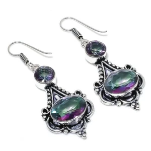 Mystic Topaz Gemstone Handmade 925 Sterling Silver Jewelry Stud Earring Size 2" - Picture 1 of 1