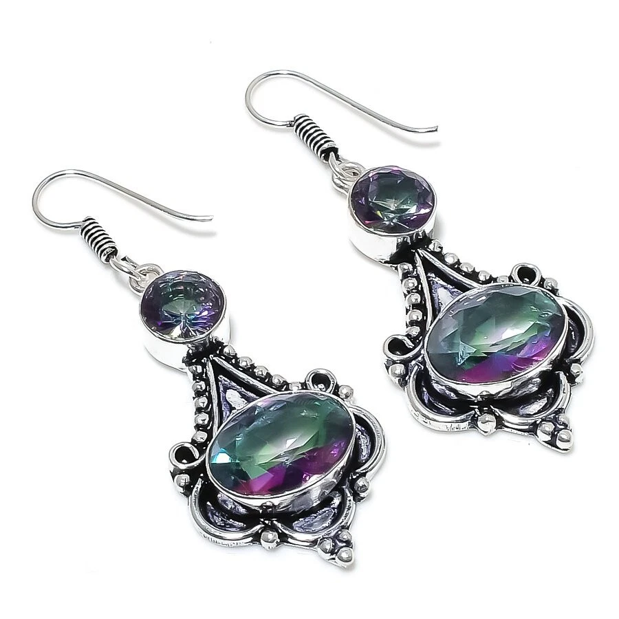 Mystic Topaz Gemstone Handmade 925 Sterling Silver Jewelry Stud Earring Size 2" - Image 1 of 1