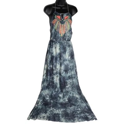 Flying Tomato Maxi Halter Dress Tie Dye Boho Tribal Neon Embroidered Tassel Sm - image 1 of 4