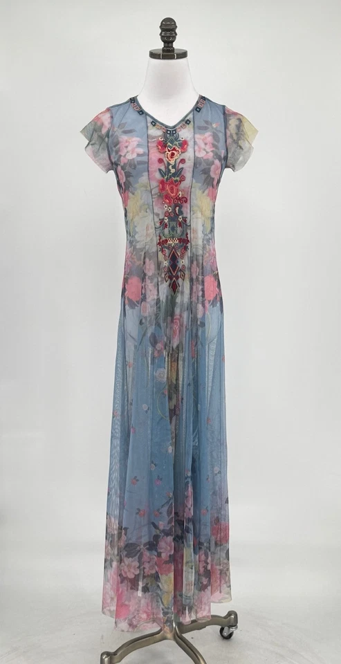 Johnny Was Biya Floral Mesh Embroidered Short Sleeve Maxi Fit Flare Dress Sz XS - Image 1 of 4