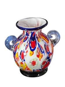 Vintage Murano Style Millefiori Art Glass Vase~7" Tall~Applied Handles - Picture 1 of 8