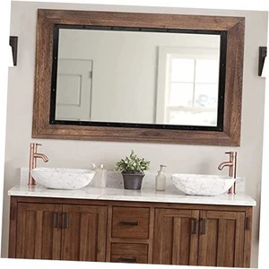 Rustic Wooden Framed Wall Mirror, 40"x30", Natural Wood and Iron Bathroom - Picture 1 of 7