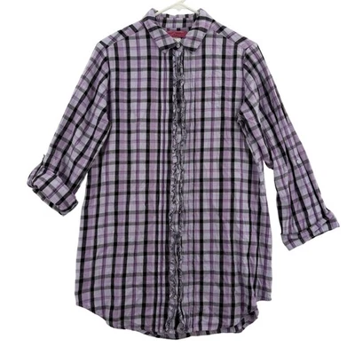 Рубашка женская Betsey Johnson Intimates средний размер фиолетовая клетчатая с оборками рукав 3/4 - Изображение 1 из 4