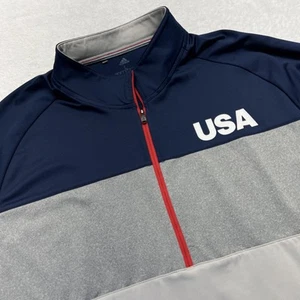USA Adidas 1/4 Zip 3 Stripes On Arm Pullover Men L Navy Gray Logos - Picture 1 of 16