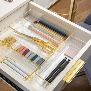 Clear/Gold Trim Desk Drawer Organizer Set of 6 - Picture 1 of 9