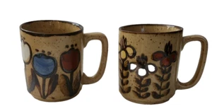 Vintage Hand-Painted Ceramic Mugs Set Of 2 With Floral Design Speckled Beige - Picture 1 of 11