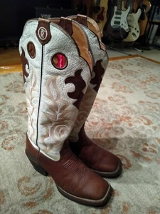 TONY LAMA 3R BROWN & WHITE LEATHER S TOE BUCKAROO COWGIRL BOOTS RR2007 WOMENS 10 - Picture 1 of 12