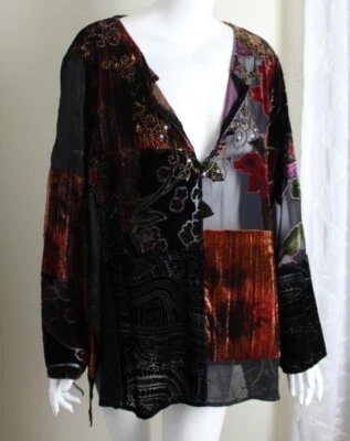 NUEVO CON ETIQUETAS Chico's Talla 3 XL Patchwork Terciopelo Burnout Art-to-Wear Túnica Top Blusa Camisa Foto 1 de 4